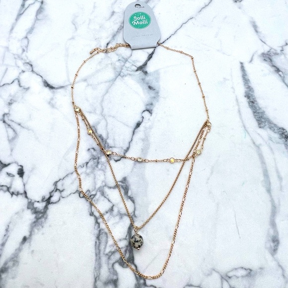 New Jolli Molli Layered Necklace Gold Tone Dalmatian Jasper Stone Pendant - Picture 1 of 6